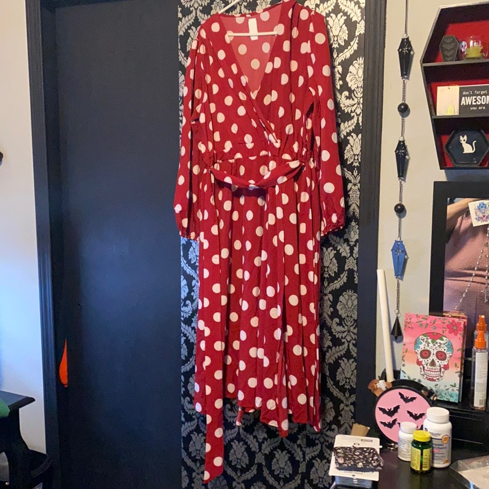 Retro red polka dot maxi dress with belt